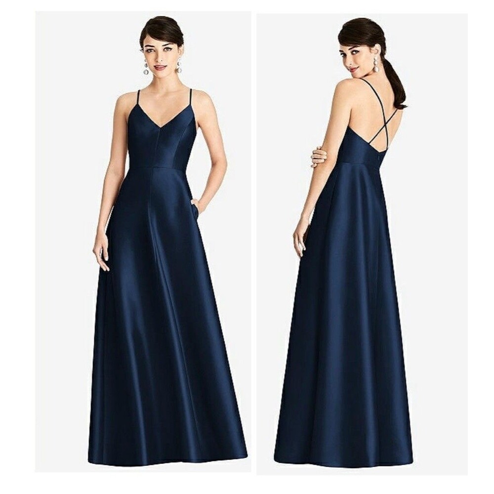 Alfred Sung V Neck Full Skirt Satin Maxi Dress Midnight Navy Size 4 D750 Formal - Picture 1 of 9